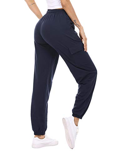 Doaraha Pantalones Deportivos Mujer Algodón Pantalón de Chándal Elásticos Transpirables con Bolsillos Laterales para Deporte Gimnasio Fitness Correr (934# Azul Marino, XL)