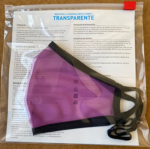 Domos Mascarilla Transparente Reutilizable. UNE0065 CWA17533 Fabricada en España (Talla L, Morado)