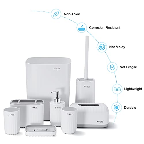 DUFU Juego de 8 Accesorios de Baño Conjunto Accesorios para Lavabo Set Incluye Cepillo de Baño Jabonera Dispensador de Jabón Estante de Cepillo de Dientes Caja de Pañuelos Vasos Cubo de Basura Blanco