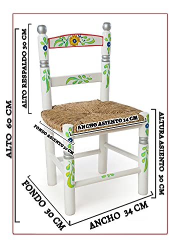 Eco Silla y Descanso, Silla Infantil, Decorada artesanalmente y Pintada a Mano. Color Blanco. Asiento de Enea. 4 Colores Disponibles. Medidas Fondo 0,30 x Ancho 0,34 x Alto 0,60 ctms.