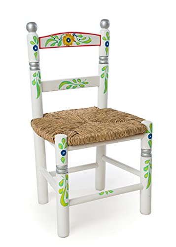 Eco Silla y Descanso, Silla Infantil, Decorada artesanalmente y Pintada a Mano. Color Blanco. Asiento de Enea. 4 Colores Disponibles. Medidas Fondo 0,30 x Ancho 0,34 x Alto 0,60 ctms.