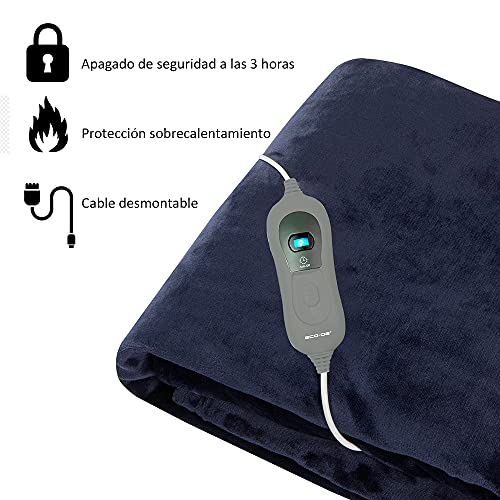 ECODE Manta Térmica eléctrica 180 x 130 cm. Mando con 3 niveles de calor, apagado automático 180 minutos, Azul Marino