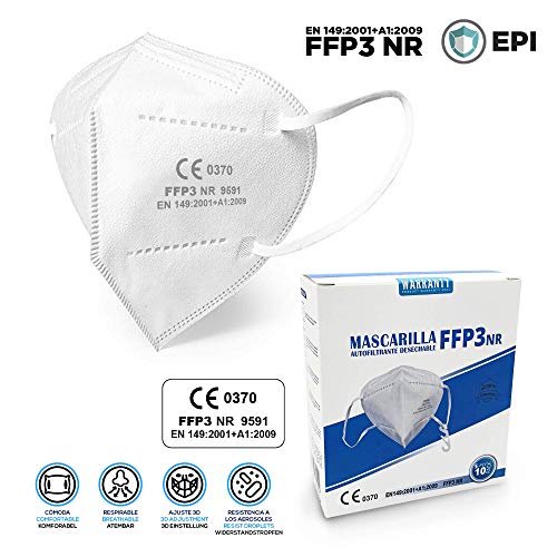ENERGY FUSION Mascarilla filtrante de partículas FFP3 NR Cumple con EN 149: 2001 + A1:2009 Certificación CE (10-PACK-WHITE)
