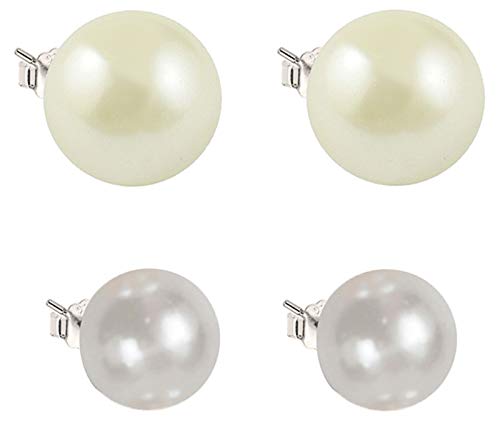 ENTREPLATA Set Pendientes de Perlas Mujer Plata de Ley 925. Dos Pares de Pendientes para Mujer y Niña de Perlas de 8 mm. Tono Blanco y 10 mm. Tono Crema.