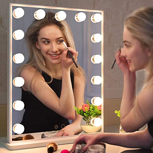Espejo Maquillaje con Luz Espejo para Tocador Espejo de Pantalla Táctil Inteligente con 15 Bombillas LED Espejo de Mesa o Espejo de Pared Espejo de Maquillaje Grande(42x51.2CM/Blanco)