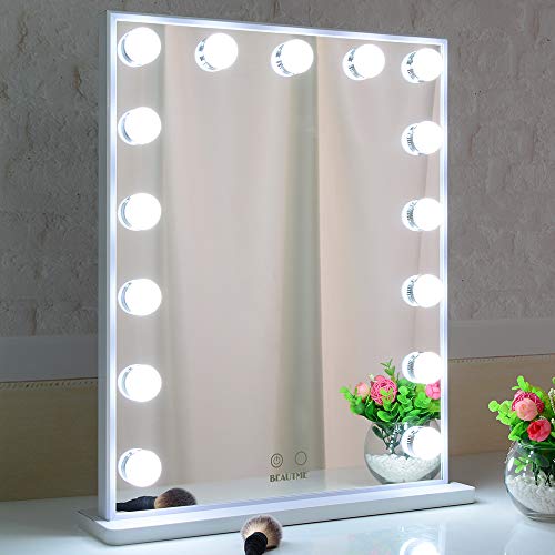 Espejo Maquillaje con Luz Espejo para Tocador Espejo de Pantalla Táctil Inteligente con 15 Bombillas LED Espejo de Mesa o Espejo de Pared Espejo de Maquillaje Grande(42x51.2CM/Blanco)