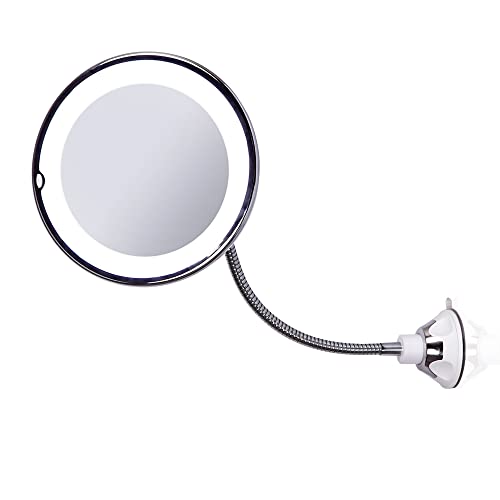 Espejo Maquillaje con Luz LED y Aumento 10X | Fijación con Ventosa a la Pared o Mesa Brazo Flexo Extensible Ajustable Rotación 360° | Baño, Maquillar