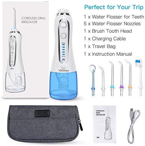 ESSEASON Irrigador Bucal Portátil Profesional - 5 Modos Irrigador Dental Recargable, 300ml Tanque de Agua Extraíble, IPX7 Impermeable con 6 Boquillas (Azul)