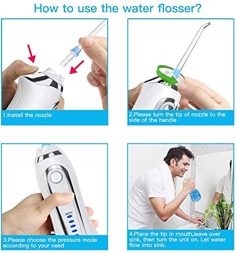 ESSEASON Irrigador Bucal Portátil Profesional - 5 Modos Irrigador Dental Recargable, 300ml Tanque de Agua Extraíble, IPX7 Impermeable con 6 Boquillas (Azul)