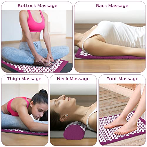 Esterilla de acupresión Kit de Masaje con Almohada reducir la tensión en la espalda, cuello, hombros púrpura
