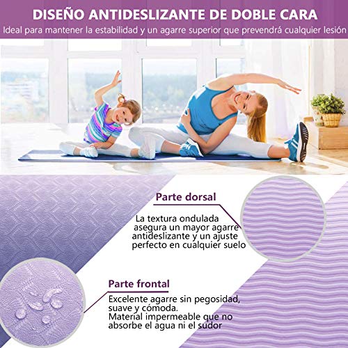 Esterilla Deporte Antideslizante Estera Yoga Colchonetas Pilates Mat Fitness Ecológica TPE para Entrenamiento de Gimnasia 183x61cm, con Correa Y 2 Bandas Elasticas