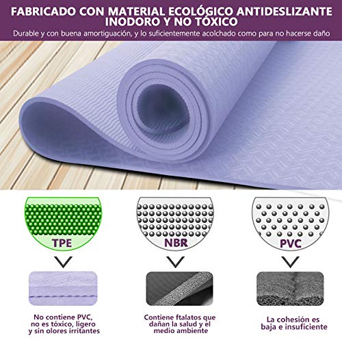 Esterilla Deporte Antideslizante Estera Yoga Colchonetas Pilates Mat Fitness Ecológica TPE para Entrenamiento de Gimnasia 183x61cm, con Correa Y 2 Bandas Elasticas