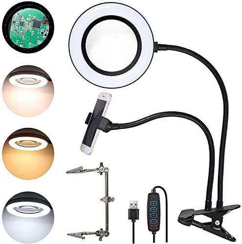 ESYNIC Lámpara de Aumento LED de 10X Lámpara de Escritorio de Manos Libres 72 LEDs con Luz 3 Colores y 10 Niveles de Atenuación Lámpara Lupa Ajustable de USB Alimentada para Leer, Coser, Soldar etc