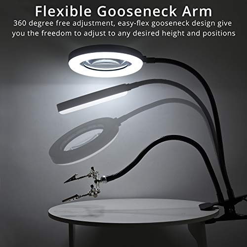 ESYNIC Lámpara de Aumento LED de 10X Lámpara de Escritorio de Manos Libres 72 LEDs con Luz 3 Colores y 10 Niveles de Atenuación Lámpara Lupa Ajustable de USB Alimentada para Leer, Coser, Soldar etc