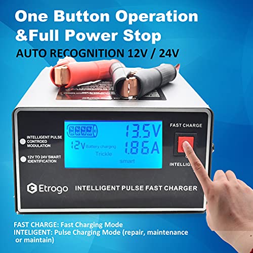 Etrogo Cargador Coche 12V 24V 10A 250W de Pulso Inteligente con Función Automática de Detección Reparación Mantenimiento con Pantalla LCD