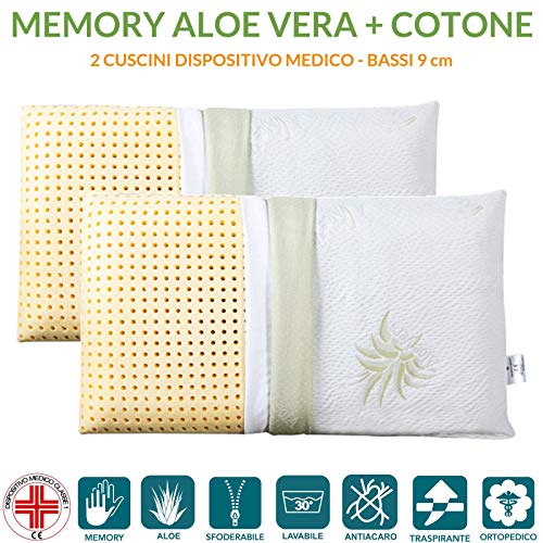 EvergreenWeb – Almohadas Cama cervicales de Memory Foam 40 x 70 Bajos 9 cm, Forro con aceites Esenciales Aloe Vera Funda extraíble y Lavable en Lavadora, par Almohadas automodellanti