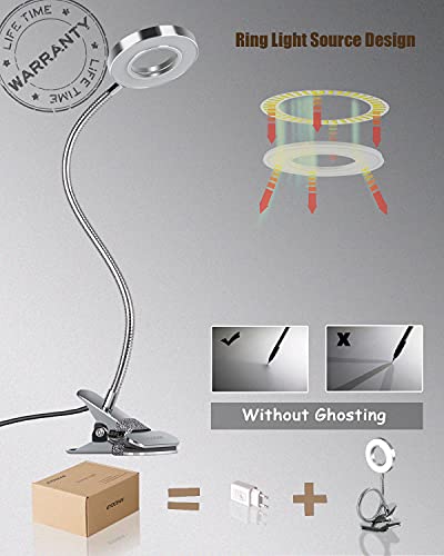 Eyocean Lámpara LED de lectura regulable con pinza para cabecero de cama, dormitorio, oficina, 3 modos y 10 niveles de intensidad, luz de pinza flexible, incluye adaptador CE, 7 W, color plateado