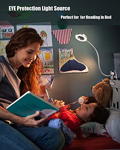 Eyocean Lámpara LED de lectura regulable con pinza para cabecero de cama, dormitorio, oficina, 3 modos y 10 niveles de intensidad, luz de pinza flexible, incluye adaptador CE, 7 W, color plateado