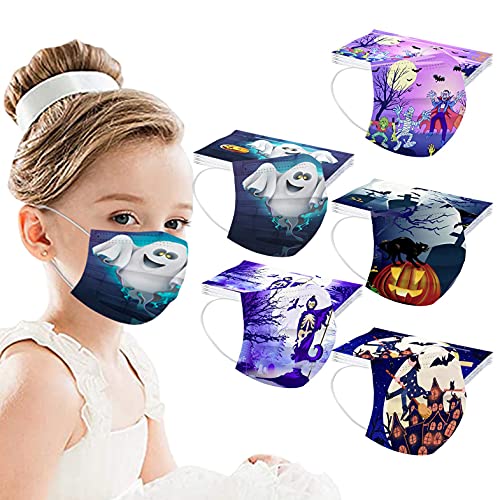 FACAIAFALO 50Pcs Niños Infantil para Viseras de Halloween, Infantiles Colores desechable para mascarilla 3 Capas Surtidos,Dibujos Animados para Actividades Aire Libre, Patrón Escuela, Fiesta