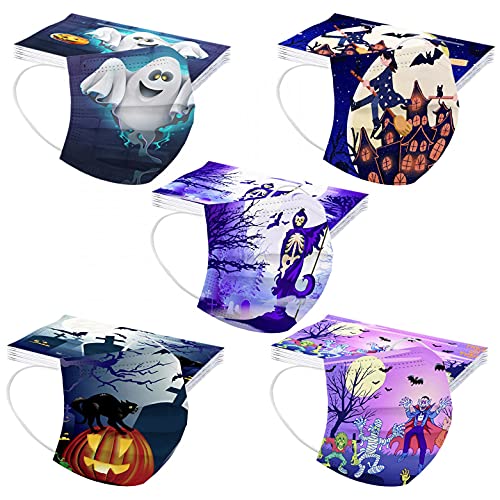 FACAIAFALO 50Pcs Niños Infantil para Viseras de Halloween, Infantiles Colores desechable para mascarilla 3 Capas Surtidos,Dibujos Animados para Actividades Aire Libre, Patrón Escuela, Fiesta