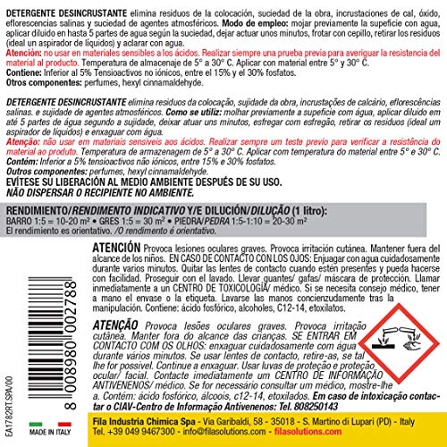 Fila Surface Care Solutions DETERGENTE DESINCRUSTANTE, Deterdek, Limpiador Suelos Porosos, Elimina la Cal De Las Superficies Y Los Residuos Cementosos De Final De Obra, 1L