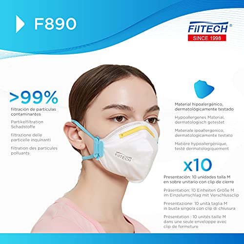 Filtech Mascarillas FFP3 F890 | CALIDAD HOSPITALARIA | Certificado Europeo CE 2163 | Homologada | 6 Capas de protección | >99% Filtración | NR Desechables | Blancas (x10 M)
