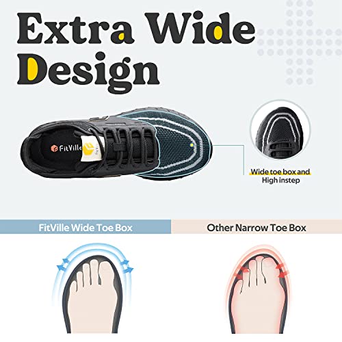 FitVille Zapatillas de deporte de ajuste extra ancho para hombre, zapatillas de correr para mujer, cómodas de apoyo para caminar, fascitis plantar, pies planos, Black, 46 EU