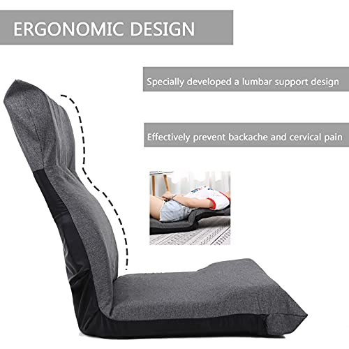 FLOGUOOR Sofa Suelo, Sillon Lectura, Silla de Suelo Plegable Resistente al Desgaste con Respaldo Ajustable en 6 Pasos, Sillon Lectura Apto para la Meditación (Grey) 128A