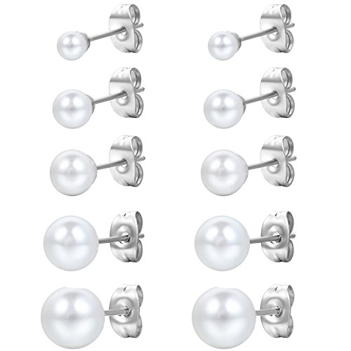 Flongo 10PCS Pendientes para Mujer Pendientes Redondos de Tuerca para Mujer Perlas Pendientes Aretes para Mujer (4 mm, 5 mm, 6 mm, 7 mm y 8 mm), Acero Inoxidable con Perlas de Imitación Brillantes