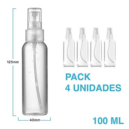 Frascos plastico para Gel Pack de 4 Botes vacíos de Viaje de 100 ml con Spray pulverizador para Agua, Perfume y Gel/Pet G