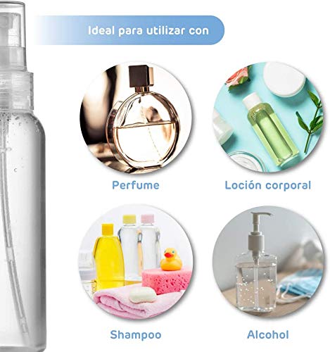 Frascos plastico para Gel Pack de 4 Botes vacíos de Viaje de 100 ml con Spray pulverizador para Agua, Perfume y Gel/Pet G