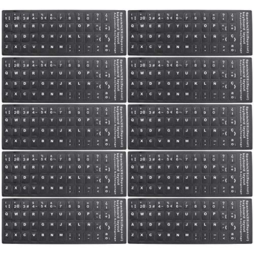 FRCOLOR 10 Piezas de Teclado Español Pegatinas de Teclado de Ordenador Fondo con Letras Blancas Pegatinas de Teclado de Ordenador Piel para Portátil