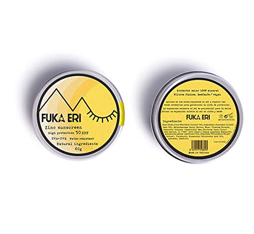 FUKA ERI protector solar con zinc no-nano. Ingredientes minerales y naturales. Crema solar color, 50 SPF. Waterproof/Vegana. UVA/UVB. Cara y zonas sensibles. Sin plástico. 60g