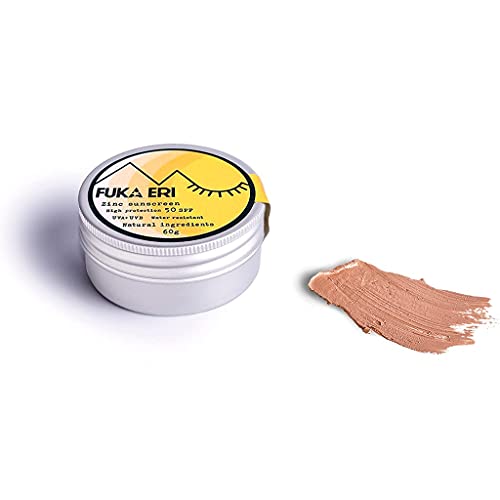 FUKA ERI protector solar con zinc no-nano. Ingredientes minerales y naturales. Crema solar color, 50 SPF. Waterproof/Vegana. UVA/UVB. Cara y zonas sensibles. Sin plástico. 60g