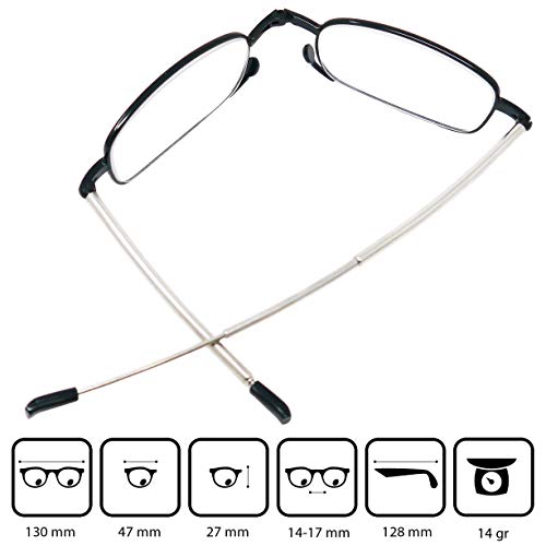Gafas de Lectura Plegables de Metal Compactas con Patillas Telescópicas (Negra), Estuche Flip Top GRATIS, Ayuda de Lectura Para Mujeres y Hombres, Dioptrías +1.5