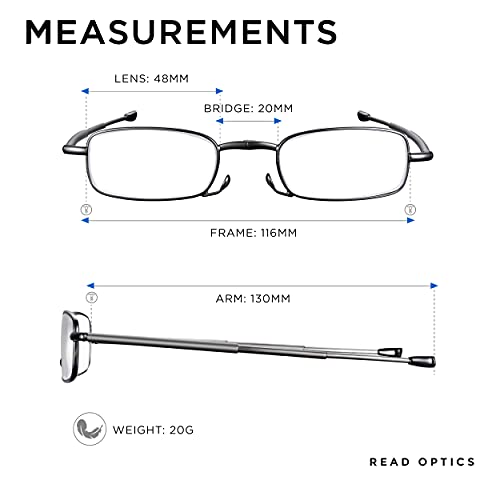 Gafas Plegables Read Optics de Lectura Presbicia. Lentes +1,50 Dioptrías (+1 hasta +3,50) de Hombre/Mujer. Montura Plegable y Patillas Telescópicas. Compactas, Ligeras, de Bolsillo con Funda Rígida