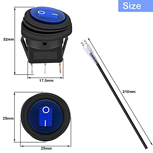 GALDOEP 5 pcs 12V 20A prueba agua Interruptor de Palanca Redonda 3Pin Encendido/Apagado con alambres previamente Soldados(con cable de 16 AWG) LED Azul,para automóvil barco camión remolque