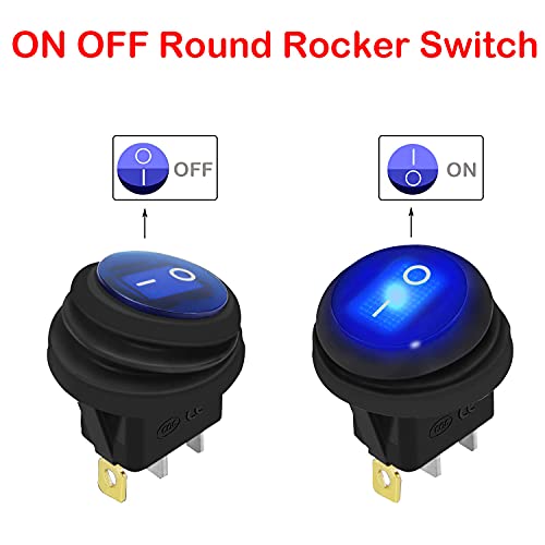 GALDOEP 5 pcs 12V 20A prueba agua Interruptor de Palanca Redonda 3Pin Encendido/Apagado con alambres previamente Soldados(con cable de 16 AWG) LED Azul,para automóvil barco camión remolque