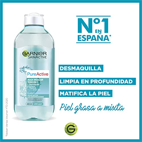 Garnier Skin Active - Pure Active Agua Micelar, Pieles Mixtas y con Imperfecciones, 400 ml