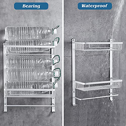 GERUIKE Estanterías para Baño + Jabonera con toallero Estantería Sin Necesidad de Taladrar Estantes de Pared Cesta Autoadhesivo Estantes para Ducha Sin Taladro Ducha Baño Rectangular Plata