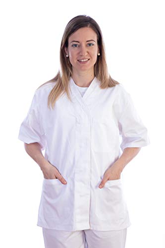 GIMA - Casaca de algodón y poliéster, Color Blanco, Cuello en V, Media Manga, 5 Botones, para Mujer, Talla M, para médicos, Veterinarios, Enfermedades y Personal Sanitario