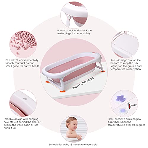 Glenmore Bebe Banera Plegable Ducha: Baño Bañera Portatil con Soporte Patas Antideslizante Pie Plato Plastico Baby Tapon Desague Barreno Ninos Portatiles Cubeta Bathtub Rigida Tina Nina Plástico Rosa