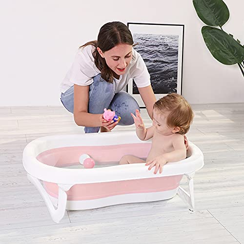 Glenmore Bebe Banera Plegable Ducha: Baño Bañera Portatil con Soporte Patas Antideslizante Pie Plato Plastico Baby Tapon Desague Barreno Ninos Portatiles Cubeta Bathtub Rigida Tina Nina Plástico Rosa