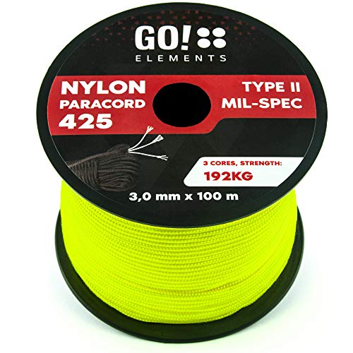 GO!elements 100m Cuerda Paracord de Nylon Resistente al desgarro - 3mm Paracord 425 Tipo II líneas como Cuerda para Exteriores, Cuerda para Todo Uso - línea de Nylon MAX. 192kg, Color:Neon