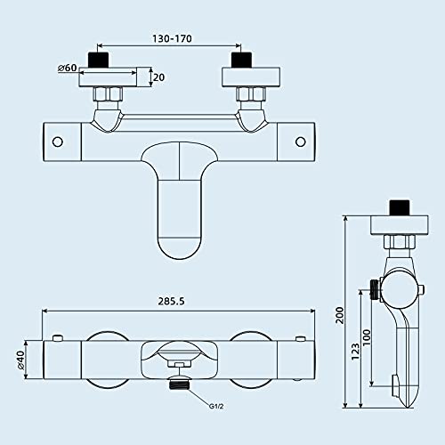 Grifo Termostático para Bañera y Ducha de Latón, Grifo Termostático Ducha con dos salidas de agua, Grifo de Bañera Termostático con Botón de Seguridad de 38°, Cromo /YG-15A6