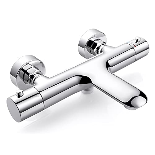 Grifo Termostático para Bañera y Ducha de Latón, Grifo Termostático Ducha con dos salidas de agua, Grifo de Bañera Termostático con Botón de Seguridad de 38°, Cromo /YG-15A6