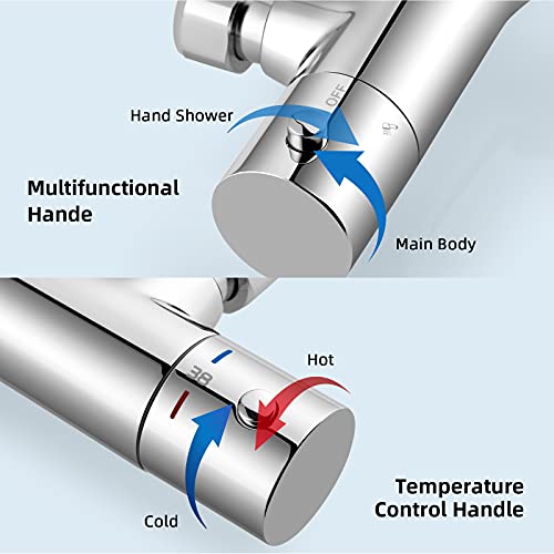 Grifo Termostático para Bañera y Ducha de Latón, Grifo Termostático Ducha con dos salidas de agua, Grifo de Bañera Termostático con Botón de Seguridad de 38°, Cromo /YG-15A6