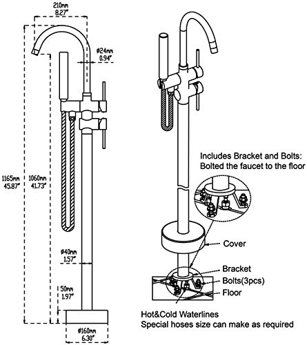 Grifos Bañera de Pie de Latón, Montaje en suelo Grifo de ducha para Bañera con 2 asas y Pulverizador Manual, Negro, Beelee BL19001B