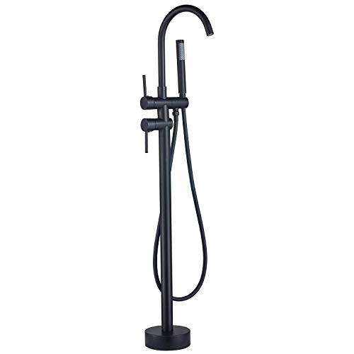 Grifos Bañera de Pie de Latón, Montaje en suelo Grifo de ducha para Bañera con 2 asas y Pulverizador Manual, Negro, Beelee BL19001B