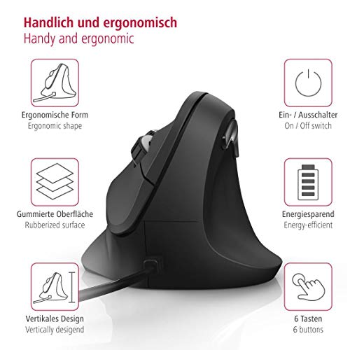 Hama Ratón ergonómico (ratón vertical para diestros, 3 niveles de velocidad hasta 1800 ppp, contra el codo de tenista, síndrome RSI del brazo del ratón, con cable) negro